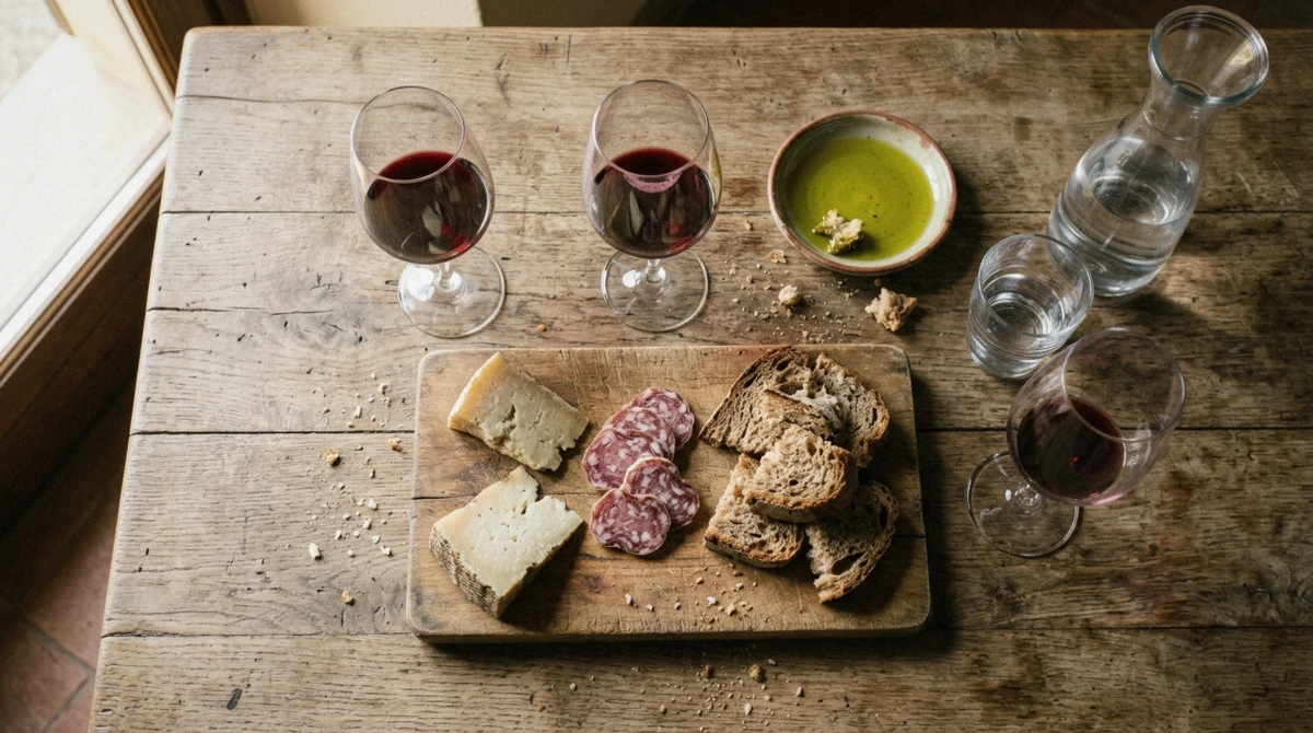 Bread, olive oil, pecorino and salami laid out beside tasting glasses at a Chianti estate