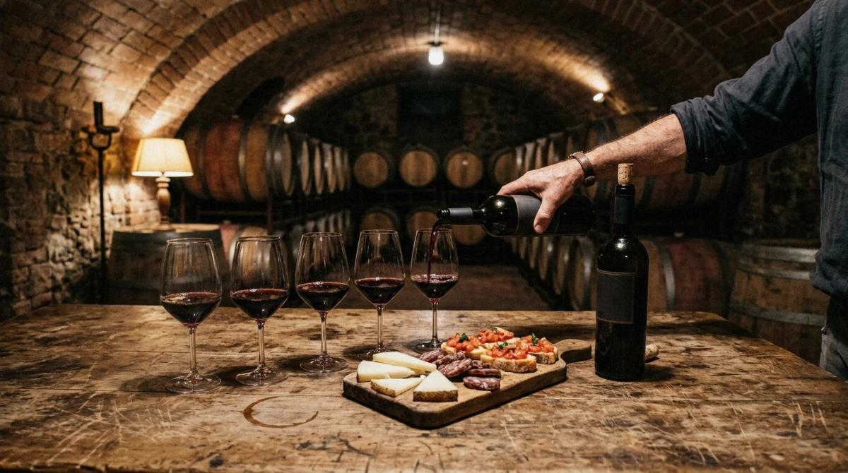 Glasses of Tuscan red and a board of pecorino and salami in a vaulted cellar during a wine tasting in Florence city centre